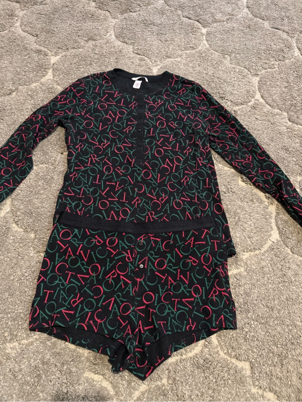 Victoria's Secret Black Pajama Set with Red and Green Logo Print